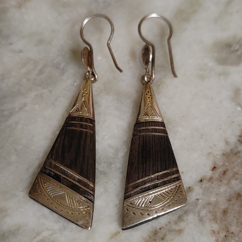 African Earrings Tuareg Tribe Wood & Sterling Dangles